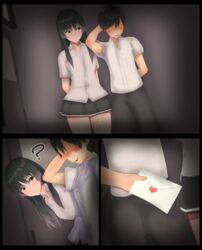  1boy 1girls 2023 3d 3koma :d ? absurd_res absurdres background_character black_eyes black_hair clueless comic faceless faceless_male female heart hi_res high_resolution highres letter love_letter male open-mouth_smile open_mouth original school_uniform smile vyrus_smith 