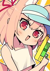  :d animal_ear_fluff animal_ears bare_arms bare_shoulders blush brown_hair collarbone commentary_request crop_top female fox_ears fox_girl fox_tail hair_between_eyes hair_ribbon highres holding looking_at_viewer original outline ponytail red_eyes red_ribbon ribbon saisoku_no_yukkuri smile solo tail tank_top visor_cap water_gun white_outline white_tank_top 
