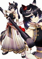  animal_ears bare_shoulders black_hair black_nails black_shirt blue_eyes breasts calligraphy_brush closed_mouth commentary_request detached_sleeves ear_covers elbow_gloves female fingerless_gloves full_body gloves hair_between_eyes hair_bun hair_ornament hakama hakama_skirt hand_on_own_hip hi_(ibisf5umauma) highres horse_ears horse_girl ink ink_stain japanese_clothes katsuragi_ace_(pen_name:_ink_dragon)_(umamusume) katsuragi_ace_(umamusume) long_hair looking_at_viewer multicolored_hair multiple_views nail_polish official_alternate_costume official_alternate_hairstyle oversized_object paintbrush shirt simple_background skirt sleeveless sleeveless_shirt small_breasts smile socks standing streaked_hair tabi tassel tassel_hair_ornament umamusume white_background white_gloves white_hair white_socks 