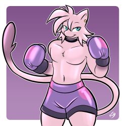  abs absurd_res anthro boxing_gloves boxing_shorts clothing ear_piercing ear_ring generation_1_pokemon handwear hi_res legendary_pokemon male mew_(pokemon) nintendo piercing pokemon pokemon_(species) ring_piercing simple_background solo the_k9_empire vulpinecrew watermark 