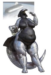  2025 absurd_res aeromorph aircraft anthro belly big_belly black_belly breasts cettus eating english_text featureless_breasts featureless_crotch female fin front_view hi_res holding_object living_aircraft living_machine living_spacecraft living_vehicle long_tail machine metal metallic_body navel nude open_mouth overweight overweight_anthro overweight_female purple_eyes silver_body silver_skin simple_background solo spacecraft spacex spacex_starship standing tail tail_fin text tongue vehicle white_background 
