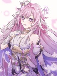  bare_shoulders black_shorts breasts commentary_request corset diamond-shaped_pupils diamond_(shape) elysia_(herrscher_of_human:_ego)_(honkai_impact) elysia_(honkai_impact) female gloves hand_on_own_chest highres honkai_(series) honkai_impact_3rd large_breasts long_hair looking_at_viewer multicolored_hair pink_hair purple_eyes ritual_gnsn short_shorts shorts smile solo symbol-shaped_pupils triquetra two-tone_hair veil very_long_hair white_background white_corset white_gloves white_hair white_veil 