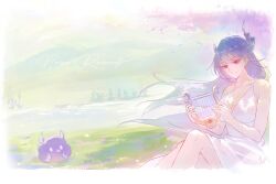  alternate_costume asymmetrical_horns bare_arms bare_shoulders black_flower black_horns blue_hair breasts character_name cleavage closed_mouth commentary day demon_horns dress falling_petals female flat_color floating_hair flower grass highres holding holding_instrument holding_lyre hololive hololive_english horn_flower horns instrument jailbird_(nerissa_ravencroft) large_breasts long_hair lyre mole mole_under_eye nerissa_ravencroft outdoors paw_chie petals red_eyes signature sitting sleeveless sleeveless_dress smile solo sundress symbol-only_commentary uneven_horns very_long_hair virtual_youtuber white_dress 