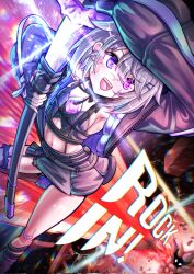  black_jacket black_shirt black_skirt breasts chest_jewel female gem grey_hair heterochromia highres holding holding_sword holding_weapon hololive hololive_english jacket koseki_bijou koseki_bijou_(casual) medium_hair miniskirt navel official_alternate_costume official_alternate_hairstyle pink_eyes purple_eyes purple_gemstone quilted_jacket seapupu sheath shirt single_thighhigh skirt small_breasts solo sword thighhighs tomato_(sword) two-sided_fabric two-sided_jacket unsheathing virtual_youtuber weapon 