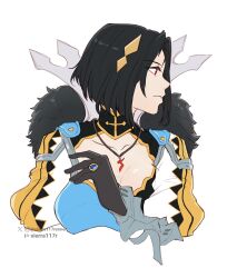 black_gloves black_hair breasts collarbone commentary commission cropped_torso female fire_emblem fire_emblem_engage fur_trim gloves grey_background highres jewelry necklace nel_(fire_emblem) profile red_eyes short_hair sierra117renner simple_background solo 