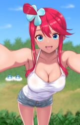  :d absurdres alternate_costume aqua_eyes breasts cleavage cloud collarbone commentary_request commission day female hair_between_eyes hair_ornament happy highres leaning_forward looking_at_viewer mokocchi_(susanootransam) one_side_up open_mouth outdoors pixiv_commission pokemon pokemon_(creature) pokemon_bw red_hair shirt short_hair_with_long_locks shorts sidelocks sky skyla_(pokemon) smile swablu teeth tongue white_shirt 