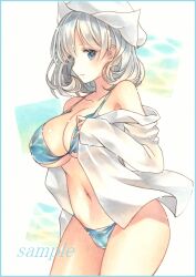  aqua_border bikini blue_bikini blue_eyes border breasts cleavage closed_mouth commentary_request cowboy_shot female from_side grey_hair hand_up large_breasts letty_whiterock long_sleeves looking_at_viewer looking_to_the_side marker_(medium) medium_hair navel shirt shirt_partially_removed solo standing stomach swimsuit touhou traditional_media watasakura white_shirt 