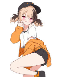  alternate_costume baseball_cap black_shoes black_shorts brown_hair closed_mouth collarbone commentary cropped_shirt dot_nose english_commentary female gigi_murin hat highres hitsukuya hololive hololive_english jacket long_hair long_sleeves looking_at_viewer open_clothes open_jacket orange_jacket pink_hair shirt shoes short_twintails shorts simple_background smile sneakers solo tongue tongue_out twintails virtual_youtuber white_background white_shirt 