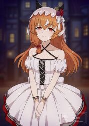  absurdres alternate_costume animal_ears brown_hair collarbone female highres horse_ears horse_girl night red_eyes ryochan96154 smile solo still_in_love_(umamusume) town umamusume veil white_streaks white_veil 