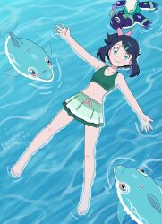  absurdres afloat barefoot black_hair blue_eyes closed_mouth collarbone commentary day fankifalu female finizen hair_ornament hair_ribbon hairclip highres liko_(pokemon) outdoors outstretched_arms pink_ribbon pokemon pokemon_(anime) pokemon_(creature) pokemon_horizons ribbon smile split_mouth swept_bangs swimsuit swimsuit_skirt terapagos toes water 