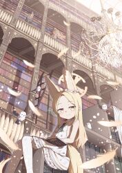  3girls absurdres animal_ear_fluff animal_ears bird blonde_hair blue_archive blush book bookshelf capelet chandelier closed_mouth dress falling_feathers feathers fox_ears fox_girl frilled_dress frills gold_trim halo highres holding holding_book kyouwashi library long_hair looking_at_viewer multiple_girls nagisa_(blue_archive) reading seia_(blue_archive) shirt sleeveless sleeveless_shirt smile very_long_hair white_capelet white_dress yellow_eyes yellow_halo 