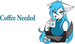  anthro armor beverage blue_clothing blue_dress blue_eyes canid canine canis clothing coffee container cup dialogue dress drinking exhausted female fox front_view grumpy hybrid magic_user mammal markings mug resting riverred robe royalty solo steam tattoo thermia_(character) tired wolf 
