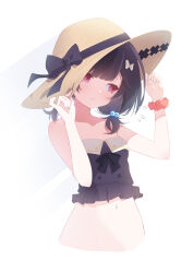  averting_eyes black_hair black_tube_top blush buttons capuchi_(111cappuccino) closed_mouth commentary_request cropped_torso double-breasted embarrassed female flying_sweatdrops granblue_fantasy hair_bobbles hair_ornament hand_on_headwear hat highres low_twintails navel official_alternate_costume paid_reward_available red_eyes scrunchie short_twintails simple_background solo strapless straw_hat sun_hat tube_top twintails vikala_(granblue_fantasy) vikala_(summer)_(granblue_fantasy) white_background wrist_scrunchie 