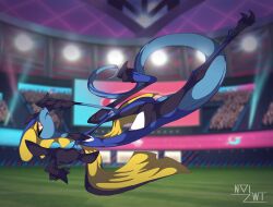  3_toes 5_fingers absurd_res aiming anthro attack blue_body blurred_background cayde_the_inteleon colored_line_art feet fighting_pose fin fingers generation_8_pokemon gesture hand_gesture head_fin hi_res in_the_air inteleon jumping lizard long_tail male nal_wt nintendo orange_eyes pointing pointing_at_viewer pokemon pokemon_(species) pose pupils reptile scalie shaded shaded_line_art skinny slim slit_pupils solo stretching tail toes vignette watermark white_pupils yellow_sclera 