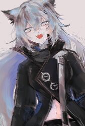  animal_ears arknights black_jacket commentary_request female grey_background grey_hair hair_between_eyes highres inmybagg jacket lappland_(arknights) long_hair looking_at_viewer navel open_mouth scar scar_across_eye scar_on_face simple_background solo unfinished upper_body white_eyes wolf_ears wolf_girl 