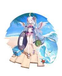  absurdres ahoge arm_at_side azusa_(blue_archive) azusa_(swimsuit)_(blue_archive) bag bare_legs beach bead_necklace beads bikini bikini_skirt bird black_bikini black_bow blue_archive blue_sky bow bow_on_wing commentary crescent_halo crossed_bangs day feathered_wings female flower food food-themed_hair_ornament food_print frilled_bikini frills fruit fruit_print full_body hair_between_eyes hair_flower hair_ornament halo hand_up highres holding holding_bag holding_swim_ring jewelry long_hair looking_at_viewer low_wings multicolored_bikini nammmmer navel necklace ocean official_alternate_costume official_alternate_hairstyle one_eye_closed orange_hair_ornament orange_print outdoors peroro_(blue_archive) pink_bikini pink_bow purple_eyes purple_flower sandals seagull sidelocks simple_background sky solo standing starfish stomach strapless strapless_bikini swim_ring swimsuit toes transparent_background two-tone_bikini two_side_up very_long_hair watermelon watermelon_hair_ornament waves white_hair white_wings wings yellow_bow yellow_halo 