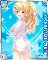  blonde_hair blue_background card_(medium) character_name female girlfriend_(kari) hair_ornament looking_at_viewer looking_back official_art piercing ponytail qp:flapper red_eyes ryugasaki_juria shirt shirttail solo standing thighs white_shirt x_hair_ornament 