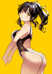  ass back back_cutout bare_shoulders black_one-piece_swimsuit blush breasts brown_hair clothing_cutout competition_swimsuit cowboy_shot female grin high_ponytail highleg highleg_one-piece_swimsuit highres interlocked_fingers kekemotsu large_breasts long_hair looking_at_viewer looking_back looking_to_the_side median_furrow one-piece_swimsuit one_eye_closed original ponytail sidelocks smile solo standing stretching swimsuit thighs two-tone_one-piece_swimsuit two-tone_swimsuit white_one-piece_swimsuit yellow_background yellow_eyes 