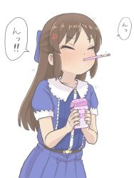  blue_dress brown_hair closed_eyes dress feet_out_of_frame female food highres holding idolmaster idolmaster_cinderella_girls idolmaster_cinderella_girls_u149 lolicon long_hair pocky sleeveless solo standing tachibana_arisu yuzu-p 