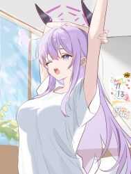  blue_archive blush breasts commentary_request female halo happy_birthday headgear long_hair long_sleeves multiple_girls open_mouth purple_eyes purple_hair shirt skirt solo utaha_(blue_archive) yukki83130530 