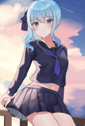  black_sailor_collar black_serafuku black_shirt black_skirt blue_eyes blue_hair blush closed_mouth commentary_request cowboy_shot crop_top cropped_shirt evening female highres hololive hoshimachi_suisei long_sleeves looking_at_viewer medium_hair midriff miniskirt mizurena navel neckerchief outdoors pleated_skirt purple_neckerchief sailor_collar school_uniform serafuku shirt sitting skirt smile solo split_mouth virtual_youtuber 