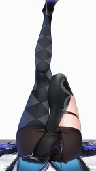  404_(pixiv_94263879) argyle_clothes argyle_pantyhose black_hair black_skirt black_thighhighs blue_hair colored_inner_hair commentary female high_heels highres hololive hololive_english leg_focus leg_up lying multicolored_hair nerissa_ravencroft nerissa_ravencroft_(1st_costume) on_back pantyhose single_leg_pantyhose single_thighhigh skindentation skirt solo symbol-only_commentary thigh_strap thighhighs virtual_youtuber white_background 