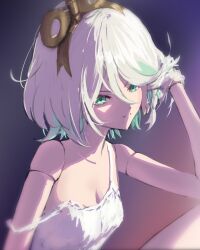  blue_background breasts camisole cecilia_immergreen colored_inner_hair doll_joints female gradient_background green_eyes green_hair hashtag-only_commentary highres hololive hololive_english joints multicolored_hair orange_background small_breasts solo strap_slip varsien virtual_youtuber white_camisole white_hair winding_key 