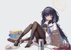  absurdres arm_at_side black_hair black_pantyhose blue_archive blue_eyes blue_hairband blue_neckerchief blue_ribbon blush book book_stack chinese_commentary commentary_request convenient_censoring crossed_bangs feet female frown full_body grey_background hair_between_eyes hair_over_shoulder hair_ribbon hairband halo hand_up highres holding holding_book jewelry knees_together_feet_apart knees_up legs long_hair looking_at_viewer low_twintails miniskirt nammmmer neckerchief no_shoes open_mouth pantyhose partial_commentary pendant pleated_skirt ribbon sailor_collar school_uniform serafuku shirt sidelocks simple_background sitting skirt sleeves_past_wrists slippers solo sweatdrop thighband_pantyhose thighs toes turtleneck turtleneck_shirt twintails ui_(blue_archive) very_long_hair wavy_mouth white_sailor_collar white_serafuku white_shirt white_skirt yellow_halo 