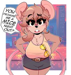  absurd_res anthro belt big_breasts breasts brown_body brown_fur brown_hair buckteeth clothed clothed_anthro clothed_female clothing dialogue english_text eyewear female fully_clothed fully_clothed_anthro fully_clothed_female fur hair hands_on_hips hi_res humor leah_pines_(wireless_shiba) mammal mouse murid murine notched_ear pun rodent shirt solo speech_bubble sunglasses tank_top teeth text topwear wireless_shiba 