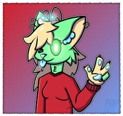  absurd_res alien anthro blonde_hair blue_tongue border clothed clothing digital_media_(artwork) female fur green_body green_eyes green_fur hair happy hazel(rahony) hi_res looking_at_viewer mammal paint_tool_sai_(artwork) pawpads rahony simple_background smile solo tongue tongue_out white_border 