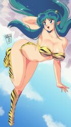  alternate_breast_size_(larger) animal_print aqua_hair bikini blue_sky boots breasts commentary danmakuman english_commentary female highres horns large_breasts long_hair lum midair navel open_mouth pointy_ears sky smile solo stomach swimsuit takahashi_rumiko_(style) tiger_print urusei_yatsura very_long_hair yellow_bikini yellow_boots yellow_horns 