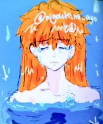  alternate_hairstyle blue_background caustics chromatic_aberration closed_eyes completely_nude cool_colored covering_privates cropped_shoulders crying english_text fanbox_username female frown furrowed_brow hair_between_eyes jaggy_lines long_hair messy_hair mixed_media neon_genesis_evangelion no_hair_ornament nude nude_cover oekaki orange_hair partially_submerged ripples sad scanlines signature sobbing solo souryuu_asuka_langley splashing static streaming_tears tears tomryoki upper_body water water_drop waterfall 