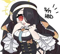  :d black_dress black_hair blue_archive blush_stickers breasts chibi dated dress female hair_over_one_eye halo hands_up happy_birthday hinata_(blue_archive) juliet_sleeves large_breasts long_hair long_sleeves looking_at_viewer miranofuudoria notice_lines nun puffy_sleeves red_eyes simple_background smile solo veil very_long_hair white_background wide_sleeves 