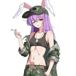  alternate_costume animal_ears belt black_sports_bra breasts camouflage camouflage_hat camouflage_pants camouflage_shirt cigarette commentary dog_tags ears_through_headwear ehehe52921343 female green_hat green_pants green_shirt hand_in_pocket hat highres holding holding_cigarette long_hair looking_at_viewer midriff navel one_eye_closed open_clothes open_mouth open_shirt pants purple_hair rabbit_ears rabbit_girl red_eyes reisen_udongein_inaba shirt simple_background small_breasts solo sports_bra sweat touhou white_background 