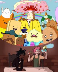  10bendog 2023 adventure_time apron banana banana_guard black_clothing black_jacket black_topwear blue_eyes blue_sky braided_dreads brown_body brown_eyes brown_skin candy candy_cane candy_cane_guy candy_corn candy_kingdom canon_couple cartoon_network chocoberry cinnamon_bun cinnamon_bun_(adventure_time) clothing cloud cookie crunchy_(adventure_time) cupcake dark_body dark_skin dessert digital_drawing_(artwork) digital_media_(artwork) dreadlocks english_description female fionna_and_cake food food_creature fruit gary_prince green_apron green_clothing group gumdrop_(food) gumdrop_lass_1 gumdrop_lass_2 hair human jacket james_(adventure_time) male male/male mammal marshall_lee mouth_closed mr._cupcake open_mouth pastry pink_body pink_hair pink_skin plant prince_gumball rainbow root_beer_guy shirt signature sky starchy_(adventure_time) strawberry topwear wafer white_clothing white_shirt white_topwear 