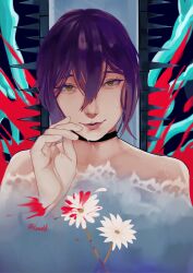  artist_name black_choker blood_on_flower chainsaw_man choker closed_mouth female flower green_eyes hair_between_eyes hashtag-only_commentary highres looking_at_viewer luwdd medium_hair purple_hair reze_(chainsaw_man) solo sweat white_flower 