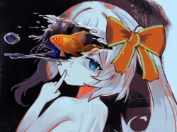  blue_eyes bow closed_mouth female fish goldfish grey_hair hairbow highres index_finger_raised long_hair looking_at_viewer marimari_(vtuber) ok1teru orange_bow phase_connect solo virtual_youtuber 