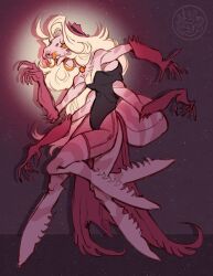  4_arms absurd_res ambiguous_gender angel_dust anthro arachnid arthropod black_clothing black_leotard blonde_hair clothed clothing ear_piercing ear_ring hair hazbin_hotel hellaverse hi_res hoop_ear_ring leotard long_hair mandibles multi_arm multi_limb piercing pink_body redesign ring_piercing s0kkix solo 