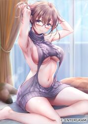  armpits barefoot breasts brown_eyes brown_hair closed_mouth commentary_request copyright_notice female glasses hands_in_own_hair koga_nozomi large_breasts looking_at_viewer mafupen navel official_art red-framed_eyewear seifuku_kanojo semi-rimless_eyewear sideboob sitting smile solo stomach under-rim_eyewear underboob virgin_killer_sweater 