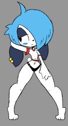  2022 anthro barefoot black_eyes black_eyeshadow blue_hair blush blush_lines breasts clothed clothing digital_media_(artwork) eyeshadow feet female fur grey_background hair hand_behind_head lagomorph leporid makeup mammal navel panties piercing rabbit rylee_(usagibun1) shirt simple_background small_breasts solo tail topwear underwear usagibun1 white_body white_fur 