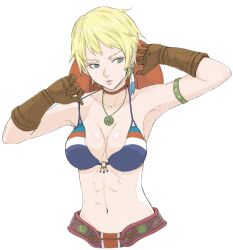  bikini bikini_top_only blonde_hair blue_bikini blue_eyes breasts brown_gloves character_request coelacanth_(gyotaku) collarbone commentary_request cropped_torso earrings elbow_gloves eyelashes feather_earrings feathers gloves hat hat_on_back highres jewelry navel necklace o-ring o-ring_bikini open_mouth red_hat short_hair simple_background stomach street_fighter swimsuit white_background 