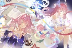  2girls absurdres amphoreus_(honkai:_star_rail) bare_shoulders book breasts bug butterfly character_doll chinese_commentary coat commentary_request cyrene_(aedes_elysiae)_(honkai:_star_rail) cyrene_(honkai:_star_rail) cyrene_(ripples_of_past_reverie)_(honkai:_star_rail) doll dress dual_persona highres holding holding_book honkai:_star_rail honkai_(series) jewelry little_ica_(honkai:_star_rail) long_hair medium_breasts mobius_strip multiple_girls necklace pink_hair purple_coat purple_eyes puzzle_piece short_hair sleeping smile stelle_(honkai:_star_rail) trailblazer_(honkai:_star_rail) very_long_hair white_dress xi_wu_yogurt 