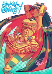  2025 aqua_thighhighs arms_up blunt_bangs coatingjelly elbow_gloves gloves hashtag-only_commentary highres hime_cut long_hair looking_at_viewer multicolored_hair panty_&amp;_stocking_with_garterbelt pink_hair purple_hair sleeveless stocking_(psg) thighhighs two-tone_hair two-tone_thighhighs very_long_hair white_thighhighs 