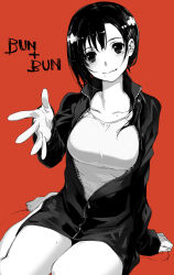  black_hair blush breast_expansion breasts bunbun collarbone commentary_request female greyscale_with_colored_background hair_ornament hairclip highres jacket large_breasts mole mole_on_collarbone mole_on_thigh mole_under_eye mole_under_mouth multiple_moles original outstretched_hand short_hair sitting solo variant_set yokozuwari zipper 