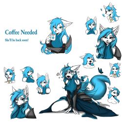  absurd_res anthro armor aroused beverage blue_clothing blue_dress blue_eyes canid canine canis clothing coffee container cup dialogue dress female fox front_view grin happy hi_res hybrid magic_user mammal markings mug riverred robe royalty smile solo suggestive tattoo thermia_(character) wolf 