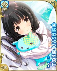  black_bow black_eyes black_hair bow card_(medium) character_name curtains female girlfriend_(kari) hairbow hugging_object looking_at_viewer low_twintails lying mashiro_touko official_art on_bed qp:flapper shirt smile solo stuffed_toy twintails white_shirt window 