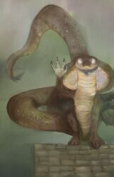  2025 4_fingers ambiguous_gender anthro biped cobra crouching female_(lore) fingers hi_res laura_(leprzil) leprzil looking_at_viewer mouth_closed nude raised_hand reptile scales scalie snake snake_hood solo tail white_eyes 