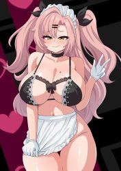  absurdres apron apron_tug black_background black_bow black_bra black_choker black_ribbon blush bow bow_bra bra breasts choker cleavage closed_mouth collarbone commentary female frilled_apron frills gloves green_eyes groin hair_between_eyes hair_ornament hair_ribbon hairclip heart highres huge_breasts lace-trimmed_bra lace_trim long_hair looking_at_viewer maid_apron maid_headdress mole mole_on_breast mole_under_eye navel nicole_demara no_panties pink_background pink_hair pink_lips ribbon single_hair_intake smile solo stomach the_only_shoe thighs two_side_up underwear w waist_apron wavy_mouth white_apron white_gloves zenless_zone_zero 
