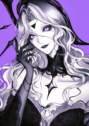  absurdres bare_shoulders collarbone diffraction_spikes earrings elbow_gloves female floating floating_object forehead_jewel gloves glowing glowing_eyes grey_hair hair_between_eyes highres irrheia_(path_to_nowhere) jewelry lace_collar limited_palette long_hair looking_at_viewer necklace pale_skin parted_lips path_to_nowhere purple_background purple_eyes purple_theme simple_background smile solo star_(symbol) star_necklace triangle_earrings upper_body wavy_hair yu_zhezhe 