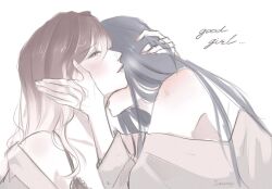  2girls bare_shoulders black_hair commentary english_commentary gradient_hair half-closed_eyes hand_in_another&#039;s_hair kissing kissing_neck long_hair multicolored_hair multiple_girls parted_lips path_to_nowhere rahu_(path_to_nowhere) santony711 shalom_(path_to_nowhere) shoulder_blush simple_background white_background yuri 